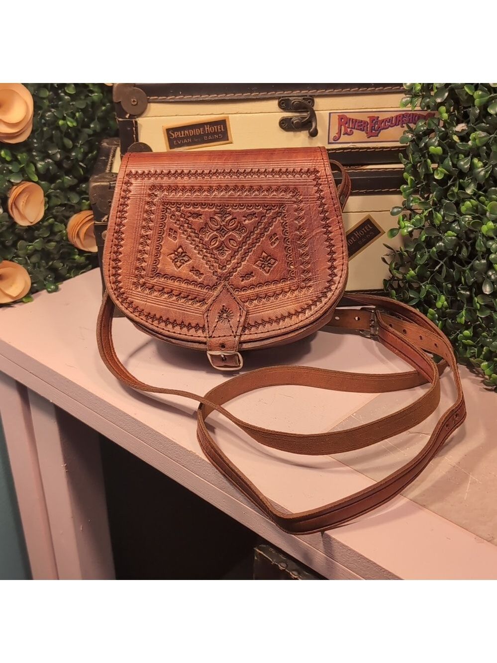 Tooled Mini Leather Vintage Buckled Saddle Bag - Picture 3 of 15